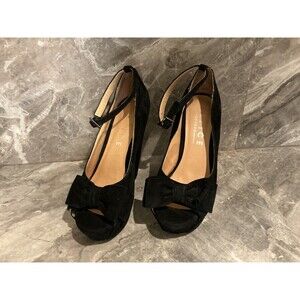 OFFICE London Black Suede Bow Peep Toe Wedge Sandals Women’s Size 37 / US 6.5